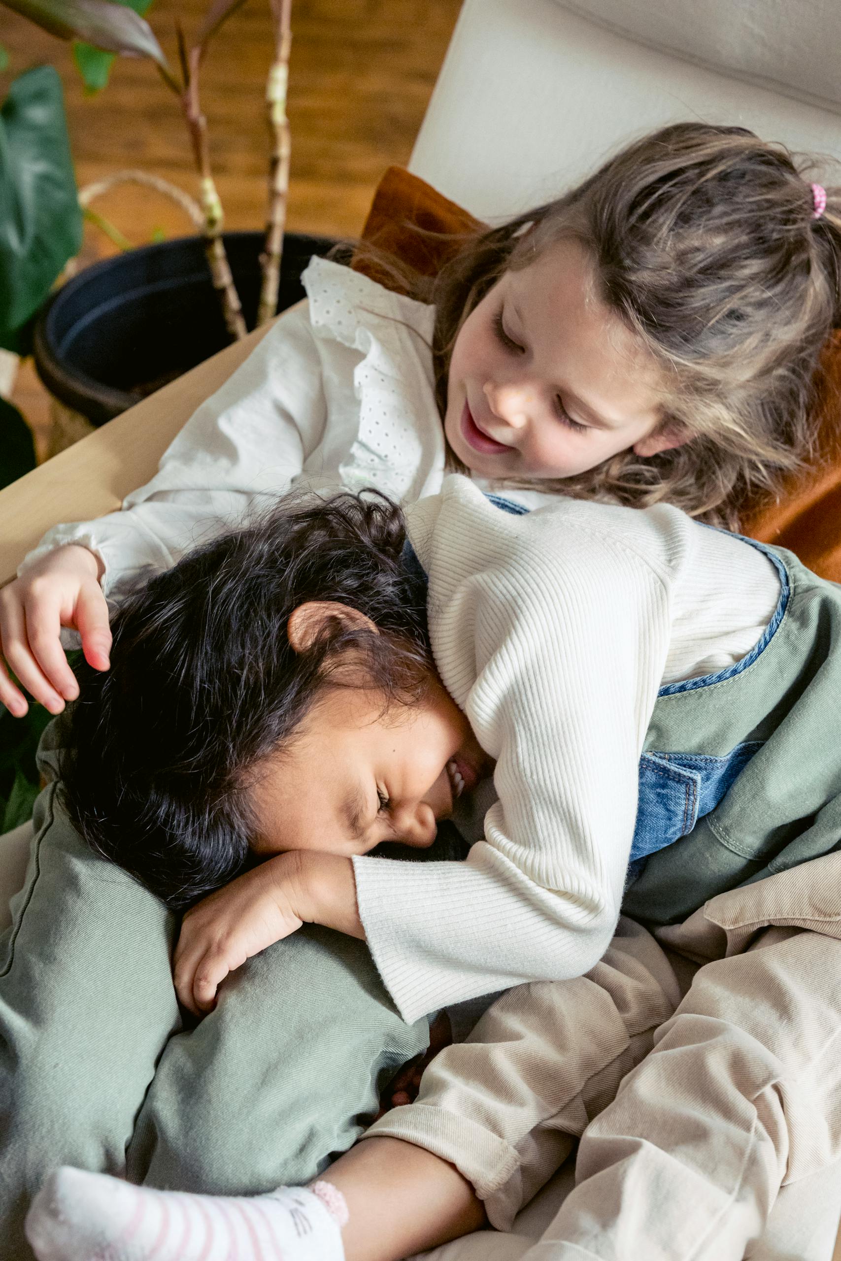 From above cute multiracial girls cuddling in comfortable armchair while spending time in light living room with green plant at home
